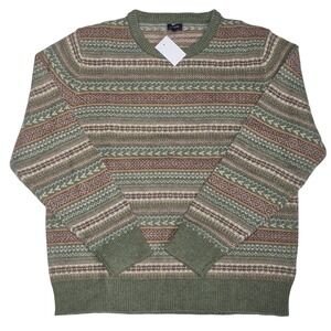 Fair Isle J Crew Sweater Supersoft lambswool-blend Knit Olive Rust Men's Size XL